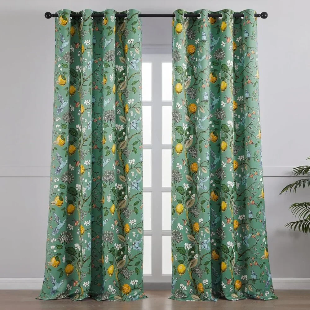 Floral Lemon Hummingbird Curtains Patterned Waverly Mid-Century Style